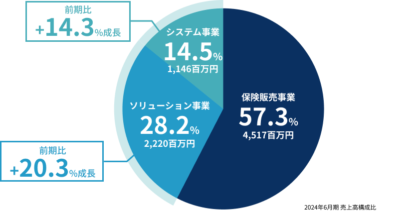 保険販売事業 57.3% 4,517百万円　ソリューション事業 28.2% 2,220百万円 前期比 +20.3%成長　システム事業 14.5% 1,146百万円 前期比 +14.3%成長 2024年6月期 売上高構成比